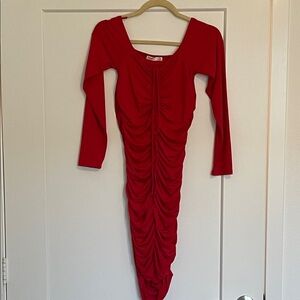 Chic Long Sleeve Red Ruched Dress